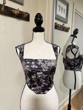 Floral Satin Corset Top in Black and Pink Size XS